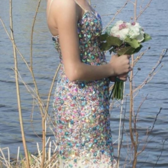 Jovani 946 Beige Multicolor Gem Stone Formal Dress - Picture 3 of 9